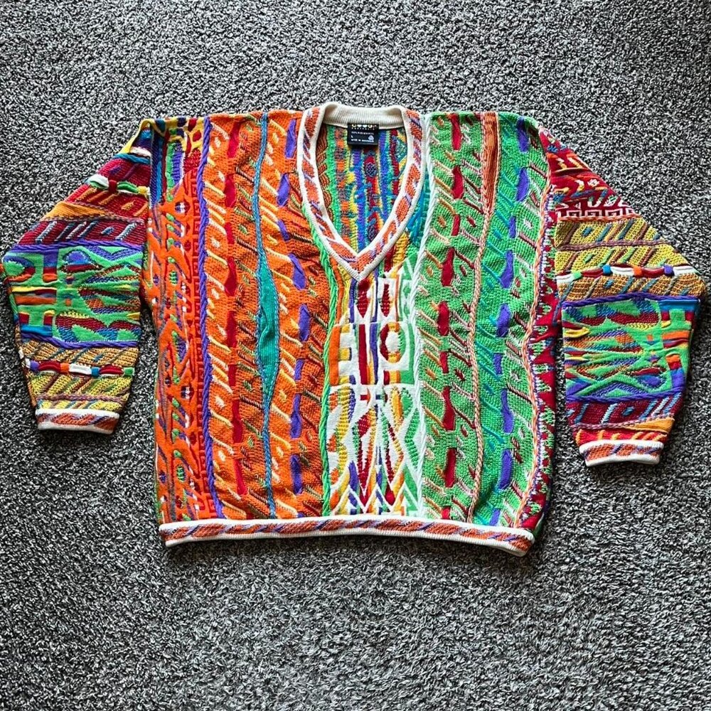 Vintage 90s COOGI Multicolored 100% Wool V-neck Sweater Mens L Retro Futuristic